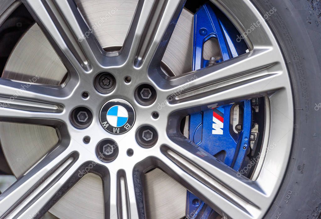 PRAGUE, CZECH REPUBLIC - DECEMBER 13, 2018: Wheel of BMW car in Prague, Czech Republic, December 13, 2018.