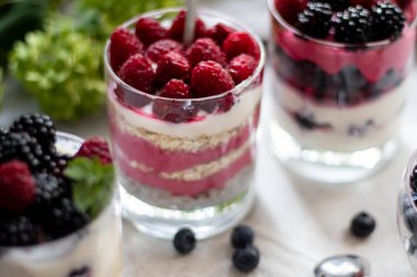 Sağlıklı beslenme Diyet tatlılar. Bardaklar süzme peynir kreması ile doludur, onları chia tohumu, ahududu, yaban mersini, böğürtlen. Arka plan çiçekleri için yakın.