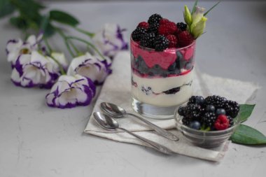  Sağlıklı beslenme Diyet tatlılar. Bardaklar süzme peynir kreması ile doludur, onları chia tohumu, ahududu, yaban mersini, böğürtlen. Arka plan çiçekleri için yakın.