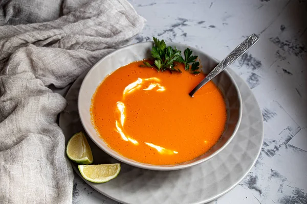 Mashed Tomato Soup Baked Gazpacho Garlic Poured Olive Oil Decorated — Stock Photo, Image