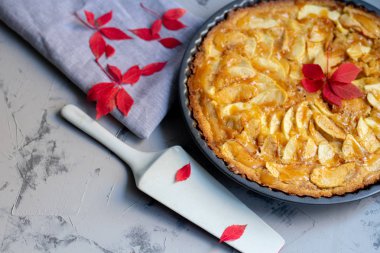 Yuvarlak şekilli Charlotte elmalı turtası, vantilatörle kaplanmış elma dilimleri, pastalar için beyaz bir kürek, sonbahar yaprakları, hepsi hafif, mermer kaplı - gri arka plan. 