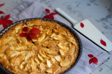 Yuvarlak şekilli Charlotte elmalı turtası, vantilatörle kaplanmış elma dilimleri, pastalar için beyaz bir kürek, sonbahar yaprakları, hepsi hafif, mermer kaplı - gri arka plan. 