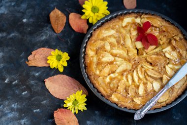 Yuvarlak şekilli Charlotte elmalı turtası, vantilatör katılmış elma dilimleri, yanında bir parça kek, sonbahar yaprakları, hepsi koyu bir arka planda.. 