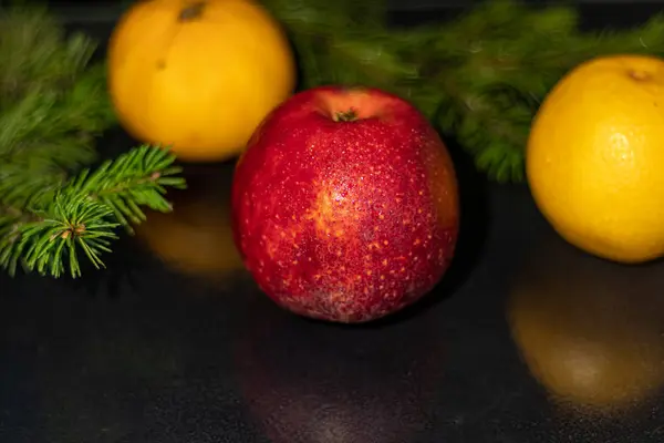 Frutas Fundo Preto Ramo Árvore Natal Ano Novo Espaço Para — Fotografia de Stock