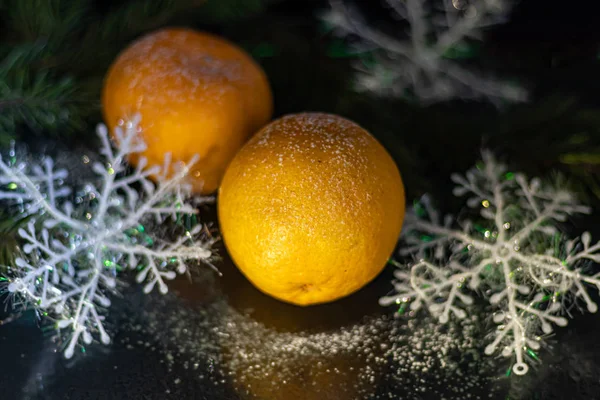 Tangerines Black Background Christmas Tree Branch New Year Copy Space — Stock Photo, Image