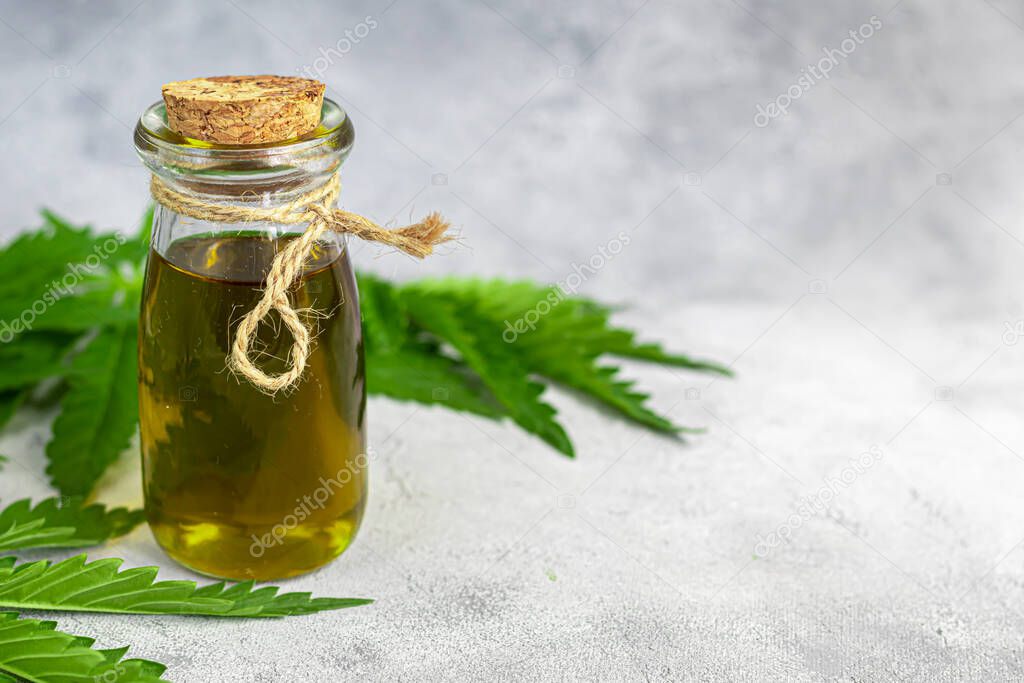 Cannabis oil in a transparent bottle and hemp leaves on a gray background. Copy space.