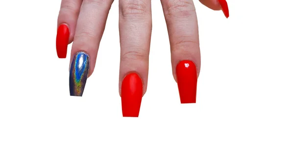 Manicura Extensión Uñas Diseño Con Barniz Rojo Esmalte Espejo Vista —  Fotos de Stock