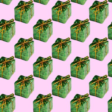 Pembe arka planda noel hediyesi kutuları olan kusursuz bir baba. Asgari izometrik doku. Kumaş üzerine karatahta yazdırmak için kullan. Yukarıdan görüntüle.