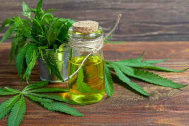 Şeffaf bir şişede kenevir yağı ve ahşap bir arka planda kenevir yaprakları. Boşluğu kopyala.