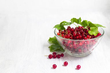 Hafif ahşap arka planda kırmızı frenk üzümü. Vitamin kokteyli. Boşluğu kopyala.