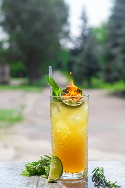 Orzeźwiający Letni Koktajl Kawałkiem Limonki Napój Alkoholowy Ozdobiona Gałązką Mięty — Zdjęcie stockowe