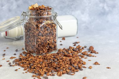 Çilekli granola, çikolata ve fındıklı cam kavanoz. Süt ya da yoğurt eklenerek. Gri bir arka planda. Vejetaryen yemeği. Boşluğu kopyala.