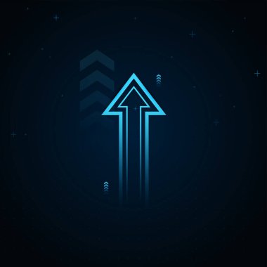 Mavi oklar, büyümeyi, hırsı ve ilerlemeyi simgeleyen karanlık dijital bir ızgaraya karşı yükseliyor. En büyük ok öne çıkıyor, liderliği ve yukarı doğru güçlü vektörü temsil ediyor.