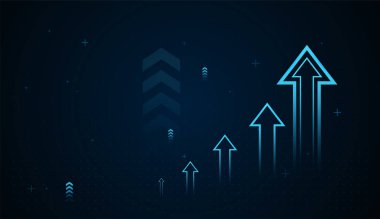 Bir dizi parlayan mavi oklar çaprazlama yükseliyor, sürekli gelişmeyi ve sürekli büyümeyi sembolize ediyor. En büyük ok yol gösteriyor, başarıyı ve gelecekteki başarıyı temsil ediyor.