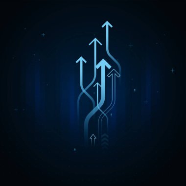 Parlayan mavi oklar, büyümeyi, hırsı ve ilerlemeyi sembolize eden karanlık dijital bir ızgaraya karşı yükseliyor. Güçlü, yükselen iş ve ekonomiyi temsil eder.