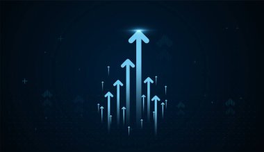 İleri Maliye grupları yukarı doğru yatırım Finans kavramının grafiğini çiziyor. Kalın mavi ok kavramlarının Finans elemanları çizelgeleri, illüstrasyon