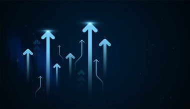 Koyu gradyan arkaplan üzerinde büyüyen bir fFinans ve İş Okları, Koyu mavi oklarla karıştırılmış birçok noktalı gruplar mavi vektör, illüstrasyon