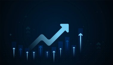 Mavi karanlık arka plan ticaret kavramı büyüme vektörü, Finans grafik yukarı yatırım ok, İleri Maliye grafik yukarı yatırım Finans kavramı