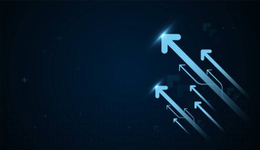 İleri Maliye, yatırım yükselen finans ve iş konsepti grafiği. Kalın mavi oklar ve yükselen eğilimli finansal nesneler kavramları, illüstrasyonları içeren bir Finans elemanları grafikleri