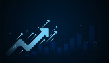 Finans grafiği yatırımı artırıyor, yatırım için ileriye taşıyor, ve Upward Finance vektör konsepti, Blue dark background business growth conceptsa