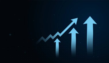 Yukarı doğru mavi ok vektörlü Büyüyen Oklar kavramları. Büyüme iş geliştirme kavramına sahip yön simgesi üzerine mavi teknoloji yukarı ok sembolü