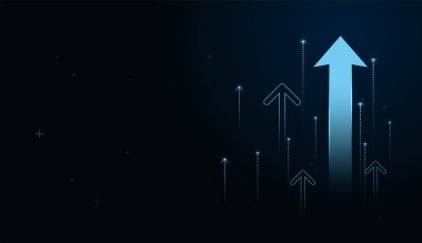 Cesur bir merkez ok küçük oklar üzerinde yükselir, güçlü liderliği, ilerlemeyi ve başarıya doğru toplu büyümeyi simgeler. Mavi oklarla ileri vektör illüstrasyonları