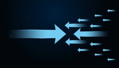 Bir büyük ok ilerlemek için birçok ok ile savaşıyor, Parlayan oklar 'ın hız ve hassasiyetle ilerlediğini göstermek için, momentumu ve yeniliği temsil ediyor.