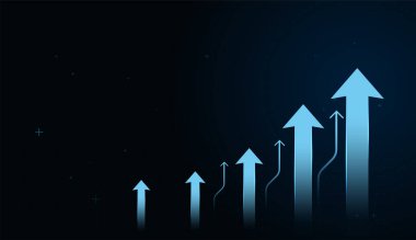 Parlayan mavi oklar, büyümeyi, hırsı ve ilerlemeyi simgeleyen karanlık dijital bir ızgaraya karşı yükseliyor. Koyu Mavi Soyut Arkaplan: Büyüyen İş Oku Yatırımı