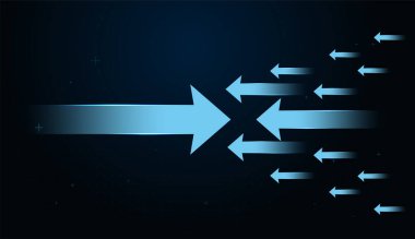 Bir büyük ok ilerlemek için birçok ok ile savaşıyor, Parlayan oklar 'ın hız ve hassasiyetle ilerlediğini göstermek için, momentumu ve yeniliği temsil ediyor.