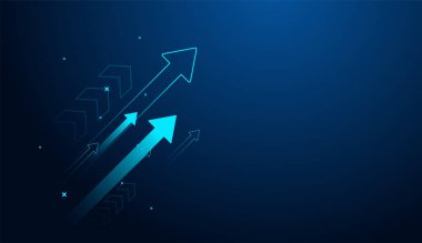 Borsa grafik gelişimi için yukarı doğru giden güçlü oklar artıyor. Koyu mavi arka planda başarı teknolojisine kadar büyüyen oklar. vektör
