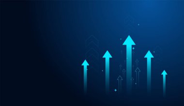 İş yatırımlarında kullanılan Finansal Büyüme Okları grafiği tasarım alanlarında başarılıdır. Büyüyen oklar teknolojide koyu mavi arka planda yükseliyor.