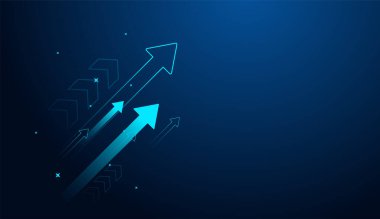 Borsa grafik gelişimi için yukarı doğru giden güçlü oklar artıyor. Koyu mavi arka planda başarı teknolojisine kadar büyüyen oklar. vektör