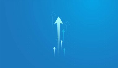 Merkez vektör ve illüstrasyonda büyümeyi, ilerlemeyi ve yukarı doğru momentum okunu sembolize eden, mavi bir arkaplan üzerinde yukarı doğru uzanan birden fazla ok.