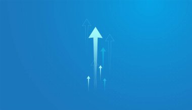 Merkez vektör ve illüstrasyonda büyümeyi, ilerlemeyi ve yukarı doğru momentum okunu sembolize eden, mavi bir arkaplan üzerinde yukarı doğru uzanan birden fazla ok.