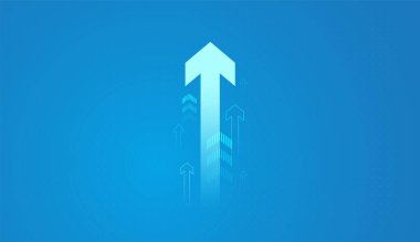 Açık mavi arkaplanda yukarı doğru cesur bir ok ve daha küçük oklarla çevrili merkeze hükmediyor, güçlü büyümeyi, ilerlemeyi ve geleceğin pozitif yönünü simgeliyor.