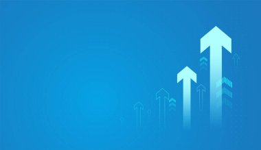 Açık mavi zemin üzerinde yukarı doğru cesur bir ok ve merkeze hükmediyor, parlak bir ok mavi zemin üzerinde yükseliyor, daha küçük oklarla destekleniyor, vektör illüstrasyonu