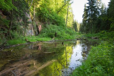 Şehir Cesis, Letonya, kırmızı kayalar ve su. Foodbridge görüntüleyin. 2018