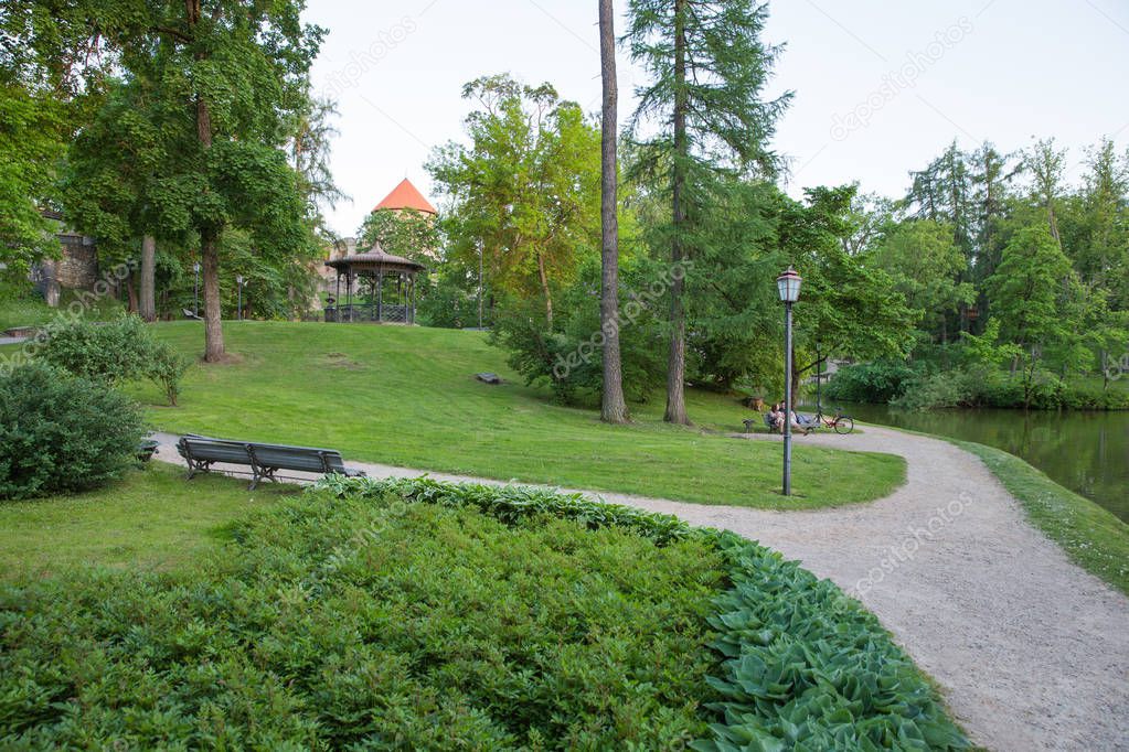 City Cesis, Latvia. Old town and park. Green and sunny day. 2018