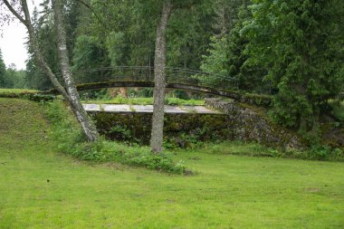 Şehir Rauna, Letonya. Eski Köprü, göl kilitler ve yeşil çim. Doğa ve ağaçlar. Seyahat fotoğraf 2018.
