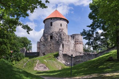 Şehir Cesis, Letonya. Eski kale ve şehir parkı. Yeşil otlar, ağaçlar ve güneş. Seyahat fotoğraf 2018