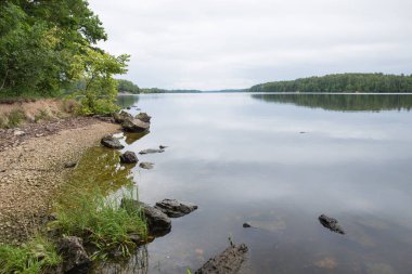 Şehir Koknese, Letonya. Eski nehir ve yeşil ağaçlar. Harabeleri ve yansıma. Doğa ve gökyüzü. Seyahat fotoğraf 2018