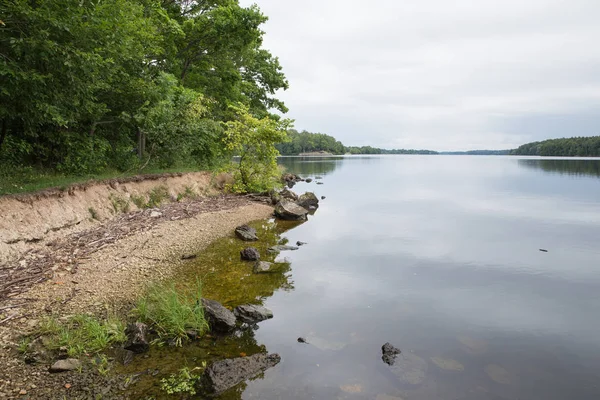 Şehir Koknese, Letonya. Eski nehir ve yeşil ağaçlar. Harabeleri ve yansıma. Doğa ve gökyüzü. Seyahat fotoğraf 2018