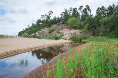 Şehir Saulkrasti, Letonya. Kayalar ve nehir, deniz. Yeşil otlar, ağaçlar ve güneş. Doğa, Baltık Denizi. Seyahat fotoğraf. Güzel Letonya doğa. 2018