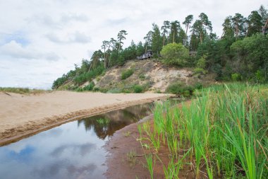 Şehir Saulkrasti, Letonya. Kayalar ve nehir, deniz. Yeşil otlar, ağaçlar ve güneş. Doğa, Baltık Denizi. Seyahat fotoğraf. Güzel Letonya doğa. 2018