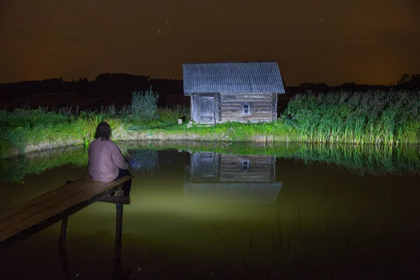 City Kraslava Latvia Bath House Night Stars Man Water Grass — Stock Photo, Image