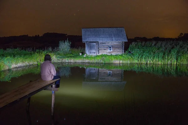 City Kraslava Latvia Bath House Night Stars Man Water Grass — Stock Photo, Image