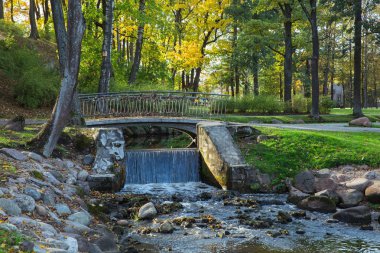 City Riga, Letonya, sonbahar. Arkadijas park, sarı ağaçlar ve şelale, bırakır. Seyahat doğa fotoğraf 2018.