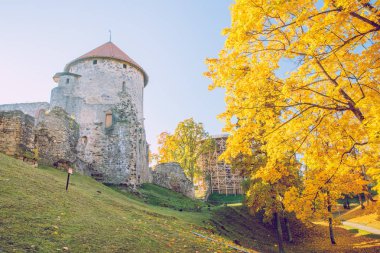 Şehir Cesis, Letonya. Eski Casttle Park'ta sonbahar. Sarı yapraklar, kalıntıları ve mimarisi. Tarihi binalar. Seyahat fotoğraf 2018.