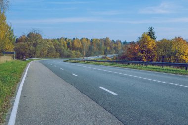 Şehir Viresi, Letonya. Ağaçlar ve yol, sonbahar ve güneşli bir gün. Seyahat doğa fotoğraf 2018.