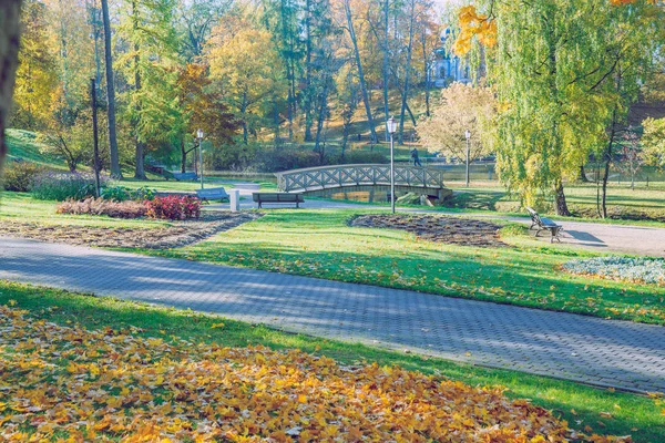 City Cesis Letonia Antiguo Parque Casttle Otoño Hojas Amarillas Puente — Foto de Stock